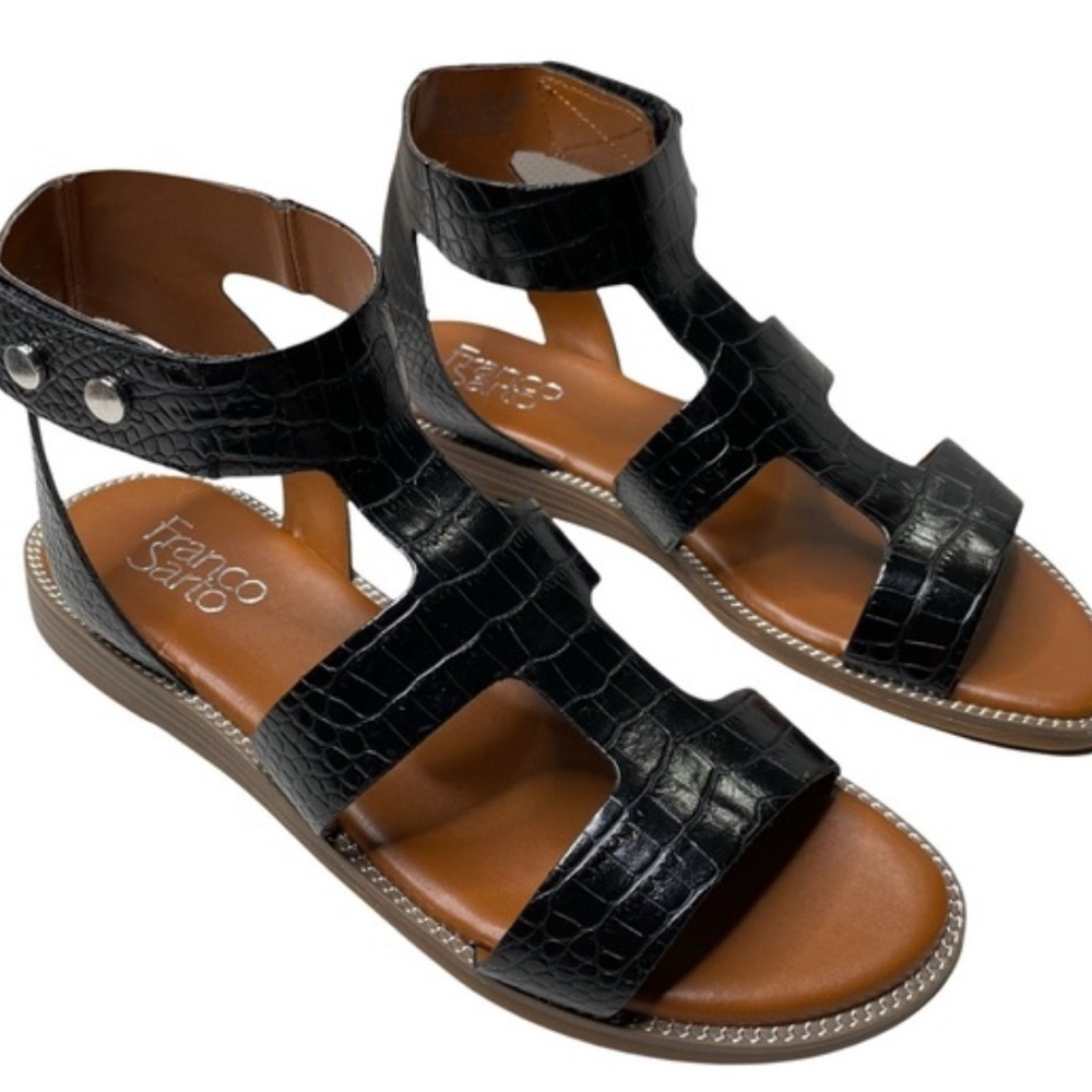 Franco Sarto Genevia Black Croc Print Gladiator Flat Sandals – Size 9
